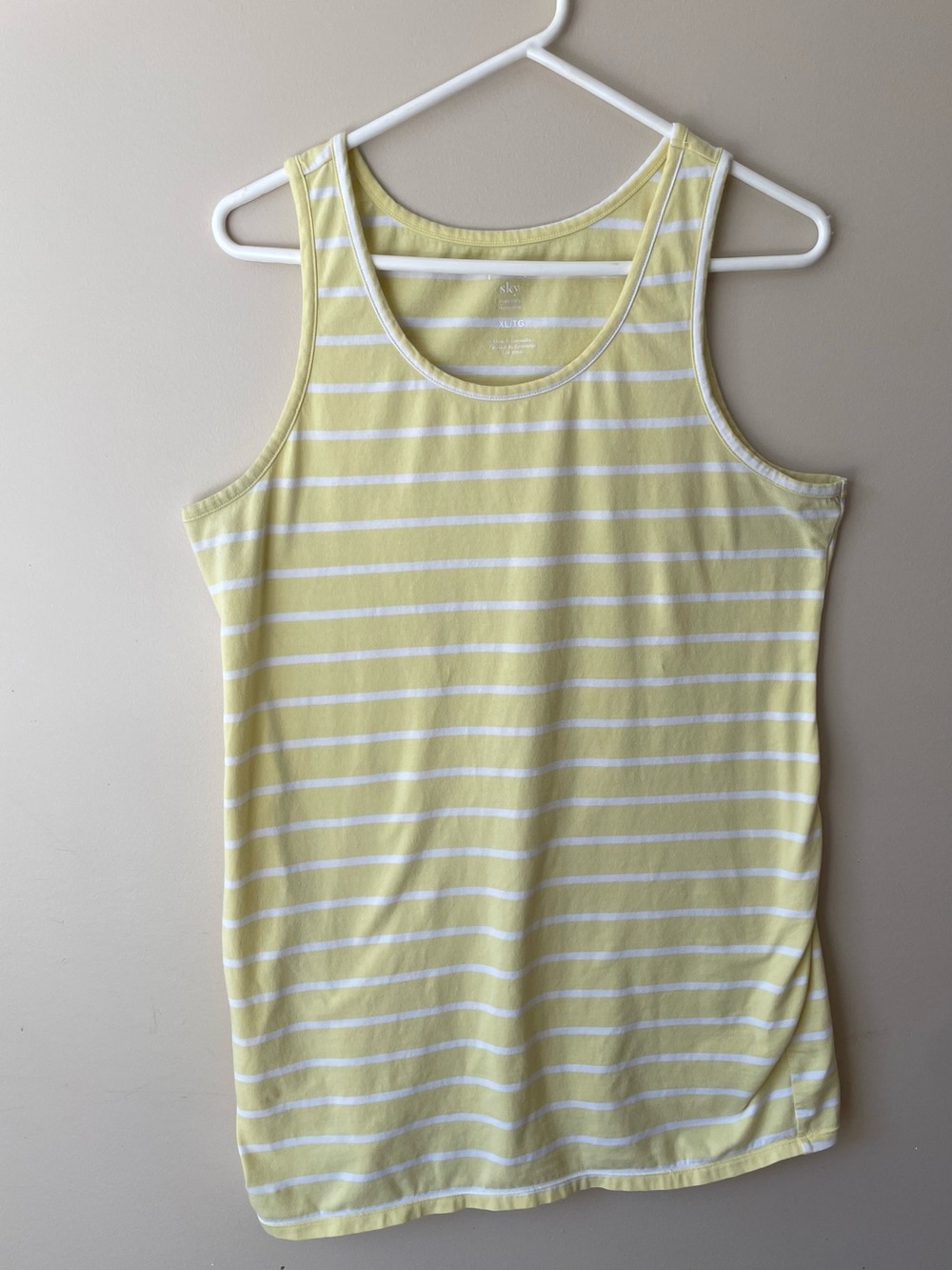 Paisley Sky Yellow and White Striped maternity Tank Top, extra large.